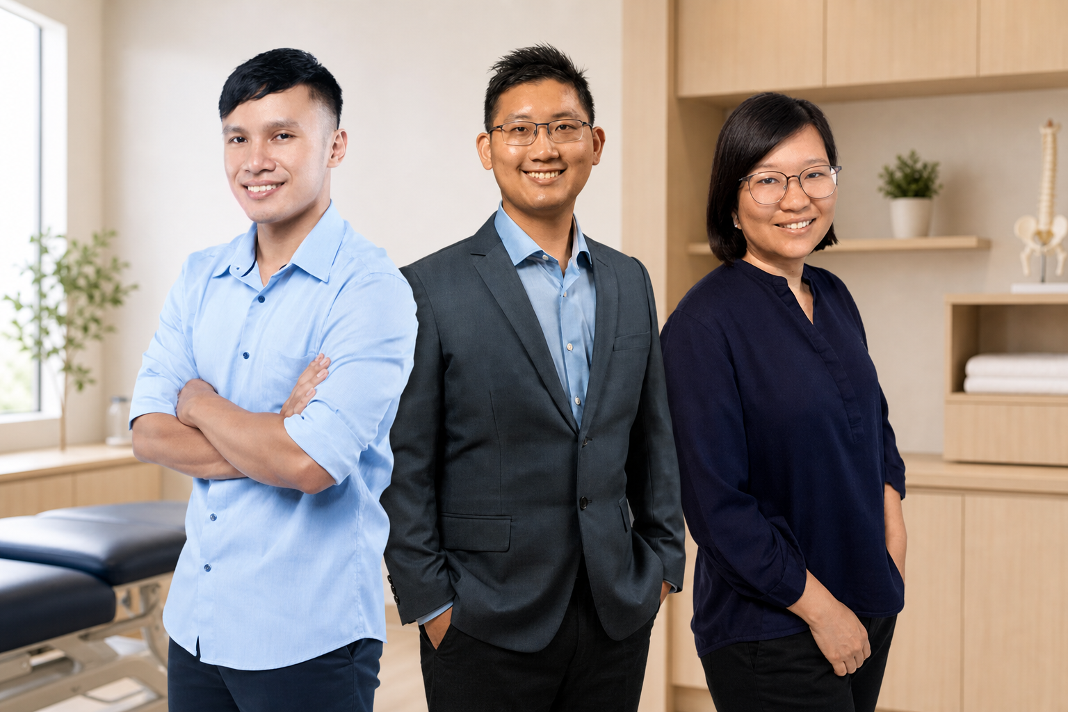 Physio Friend physiotherapists Muhammad Farhan Masismadi, Goh Zhi Xun and Ng Su Yee