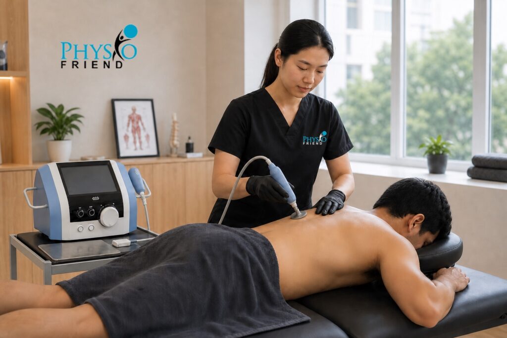 Physiotherapist providing targeted radiofrequency therapy, with the official black Physio Friend wall logo and light scrub logo