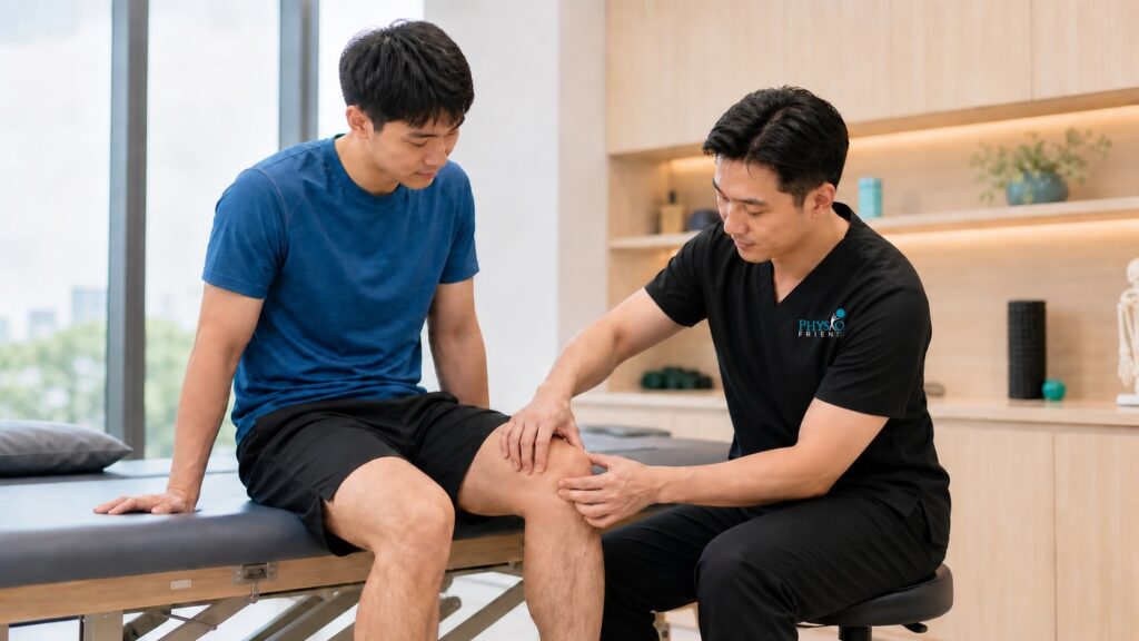 Physiotherapist assessing a patient’s knee, wearing black scrubs with the Physio Friend logo on the chest.