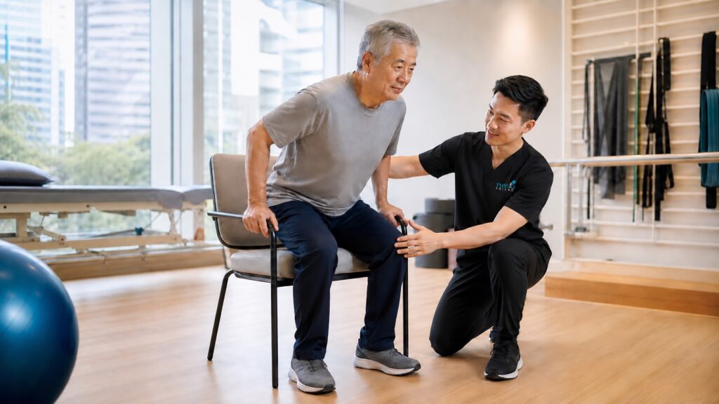 Knee Osteoarthritis: Physiotherapy Treatment in Singapore assessment with a physiotherapist wearing the Physio Friend chest logo.