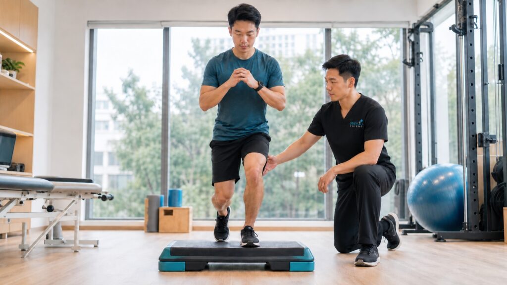 Runner’s Knee: Physiotherapy Treatment in Singapore assessment with a physiotherapist wearing the Physio Friend chest logo.