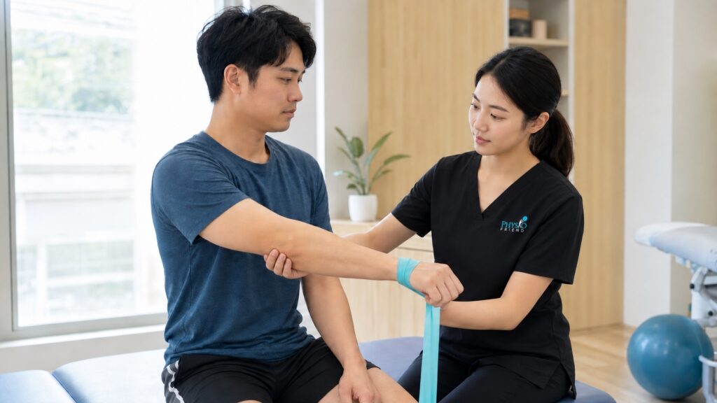 Tennis Elbow: Physiotherapy Treatment in Singapore assessment with a physiotherapist wearing the Physio Friend chest logo.